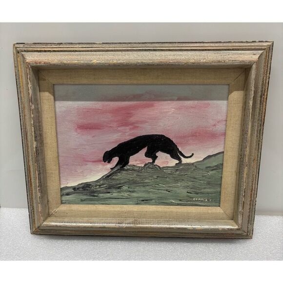 MCM Minimalist Panther Oil Painting on Canvas with Wood/ Linen Frame - Picture 2 of 6